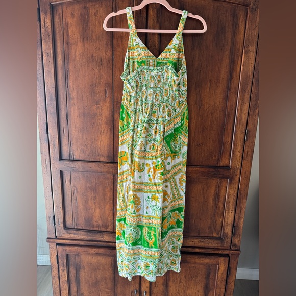 Vintage Scarf Midi Dress Cotton Elephant Print Orange Green Small Farm Rio - Picture 6 of 7